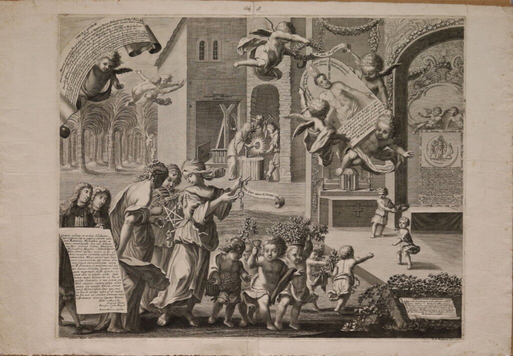 Georg Andreas Wolfgang, podle Johanna Stegera, Univerzitní teze se zobrazením sv. Jana Sarkandera, Olomouc, 1678, mědiryt s leptem, papír – faksimile, Staats- und Stadtbibliothek Augsburg.