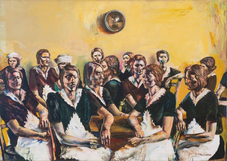 László Lakner: Seamstresses Listen to Hitler’s Speech, 1960, oil on canvas, 70 × 100,5 cm Museum of Fine Arts – Hungarian National Gallery, Budapest (collection: Roberto Tosi)