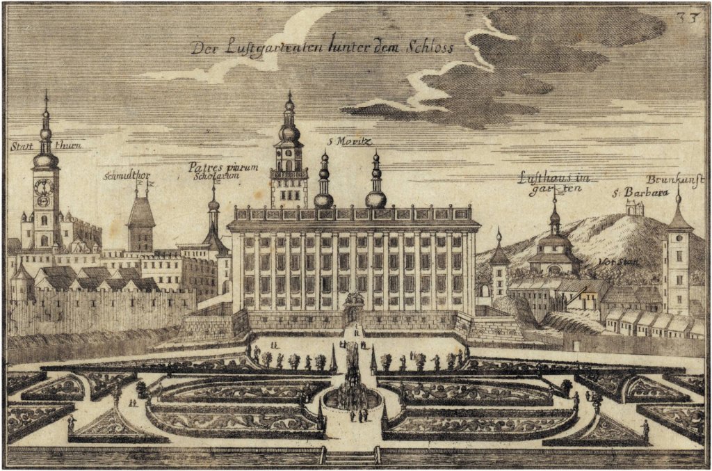 Rytina kroměřížského zámku s Podzámeckou zahradou z roku 1691