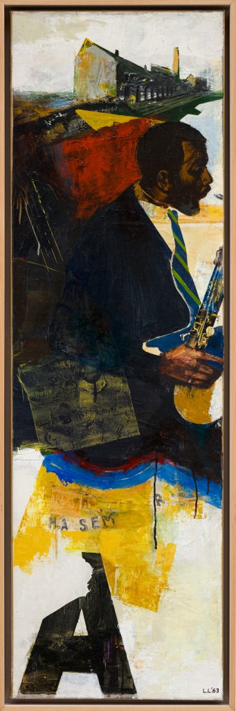 Lászlo Lakner: Saxofonista, 1963-64, olej na plátně, 120 x 37 cm, soukromá sbírka