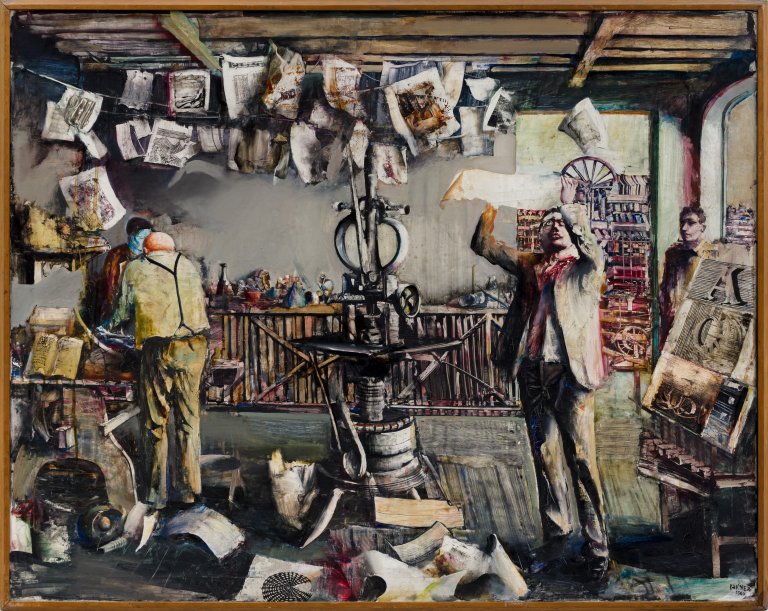 Lászlo Lakner: Manufakturní tiskárna, 1960, olej na plátně, 110 × 140 cm, Městská galerie – Kiscell Museum, Budapešť Lászlo Lakner: Manufakturní tiskárna, 1960, olej na plátně, 110 × 140 cm, Městská galerie – Kiscell Museum, Budapešť