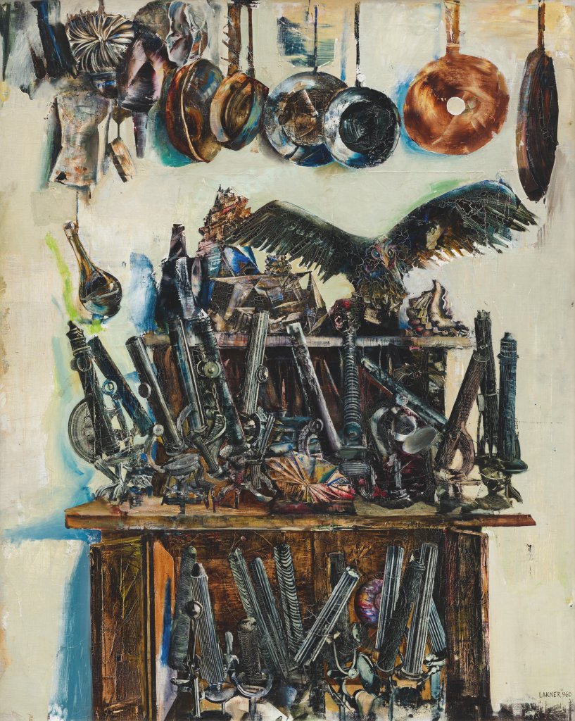 László Lakner: Mikroskopy (Mikroskopy Roberta Kocha), 1960, olej na plátně, 109 × 80 cm, Muzeum výtvarného umění – Maďarská národní galerie, Budapešť