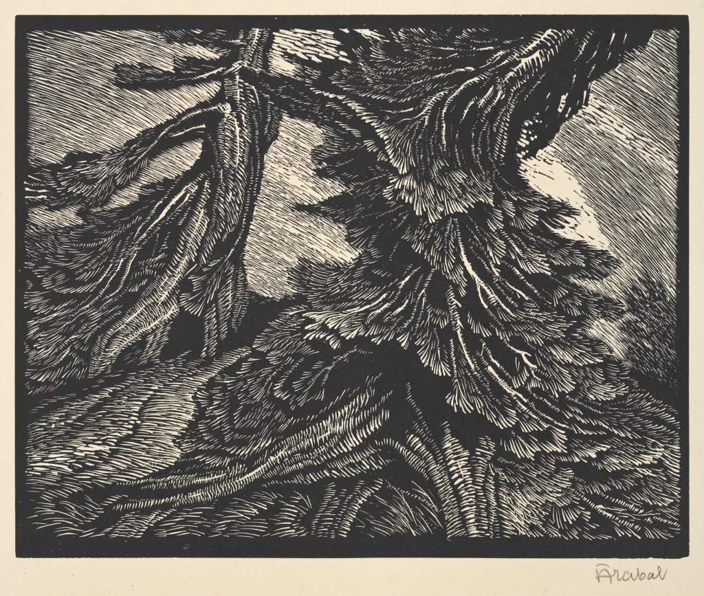 Arnošt Hrabal: Bakchanti (Bouře), nedatováno (1926), dřevoryt (xylografie), papír