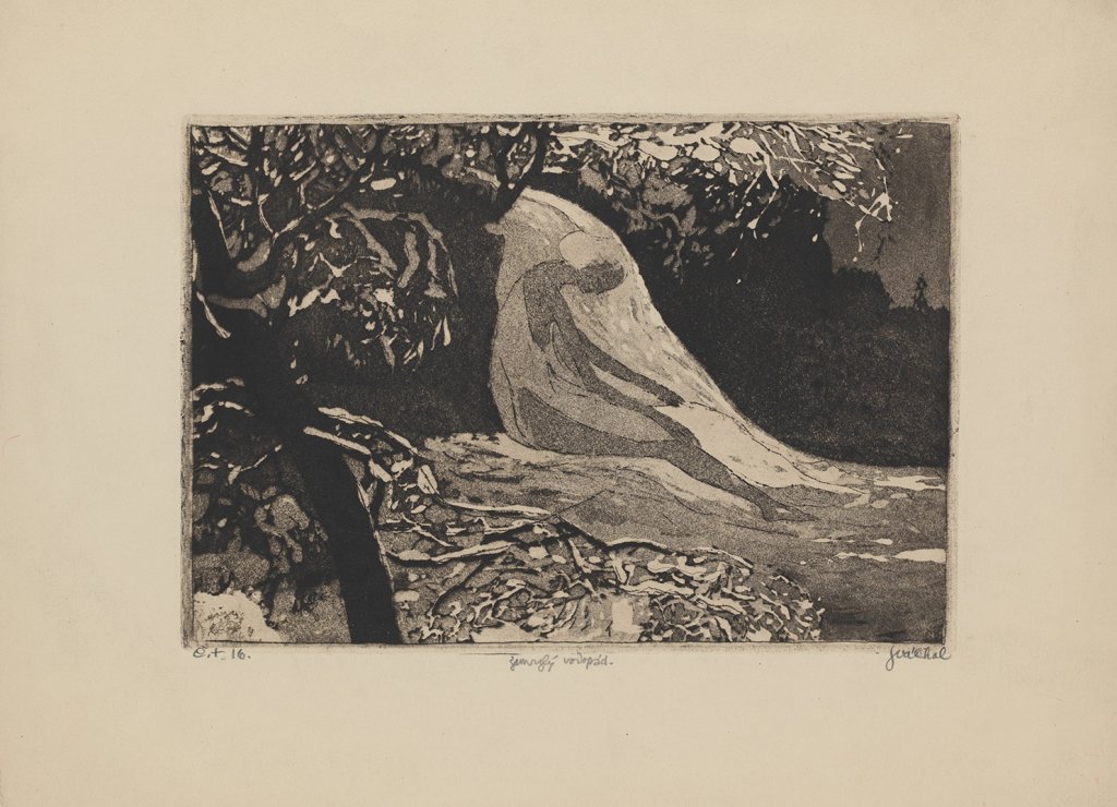 Josef Váchal, Zamrzlý vodopád, nedatováno (1913), čárový lept, akvatina, papír.