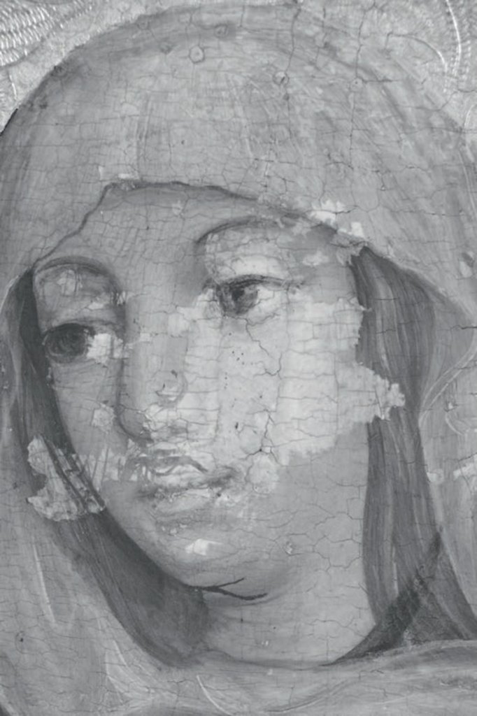 Oltář z Lubiny. Navštívení Panny Marie detail hlavy Panny Marie, IR reflektografie (je zjevné, že rozsáhlý defekt zasáhl v původní malbě i celé Mariino levé oko). Restaurování v letech 2014 až 2016.