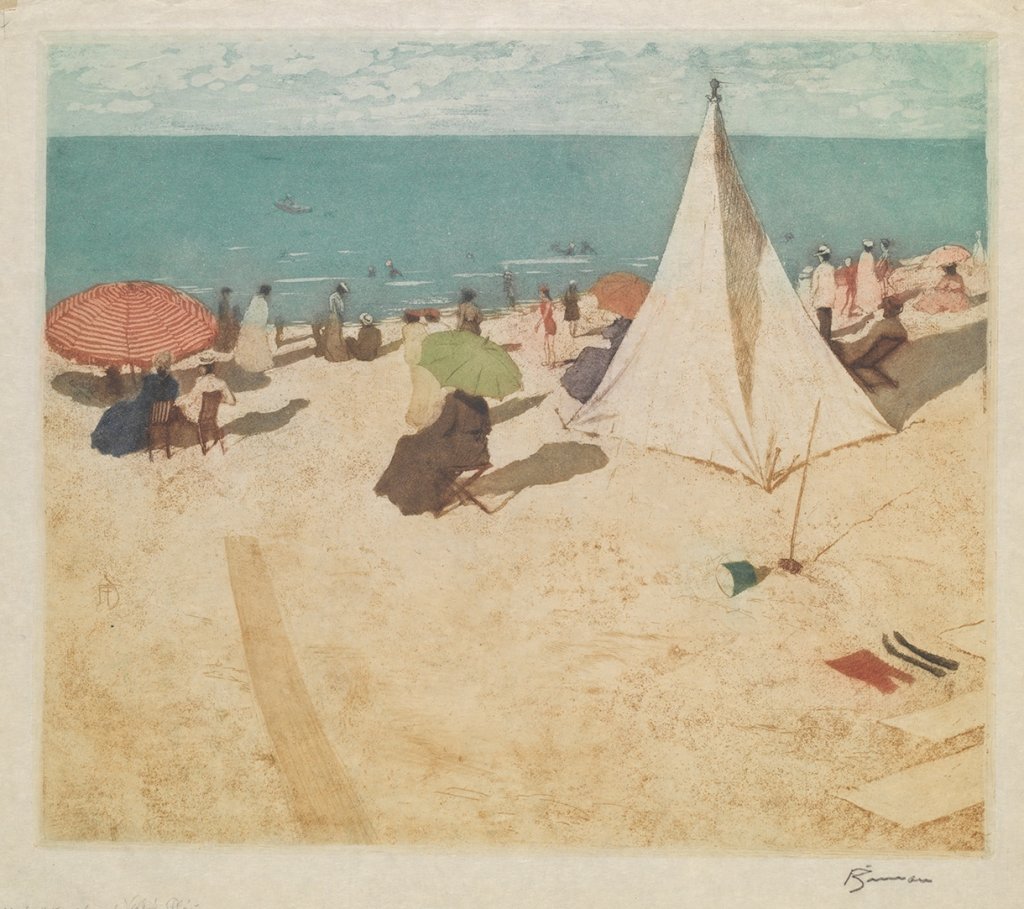 Tavík František Šimon, Slunná pláž, nedatováno (1906), měkký kryt (vernis mou), akvatinta barevná, suchá jehla, papír.