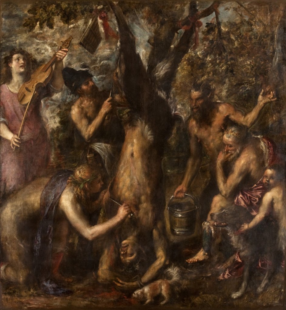 Tiziano Vecellio zv. Tizian: Apollo a Marsyas, po 1550, olej, plátno; 220×204 cm, získáno 1673, Arcibiskupství olomoucké – Arcidiecézní muzeum Kroměříž