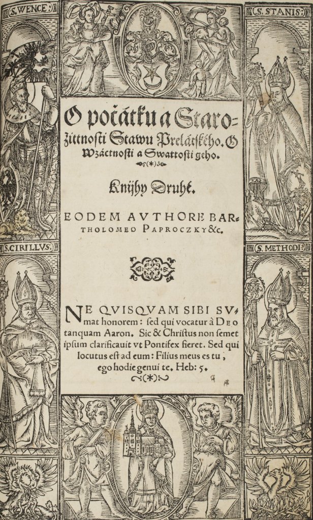 Titulní strana knihy O počátku a starožitnosti stavu prelátského od Bartoloměje Paprockého z Hlohol