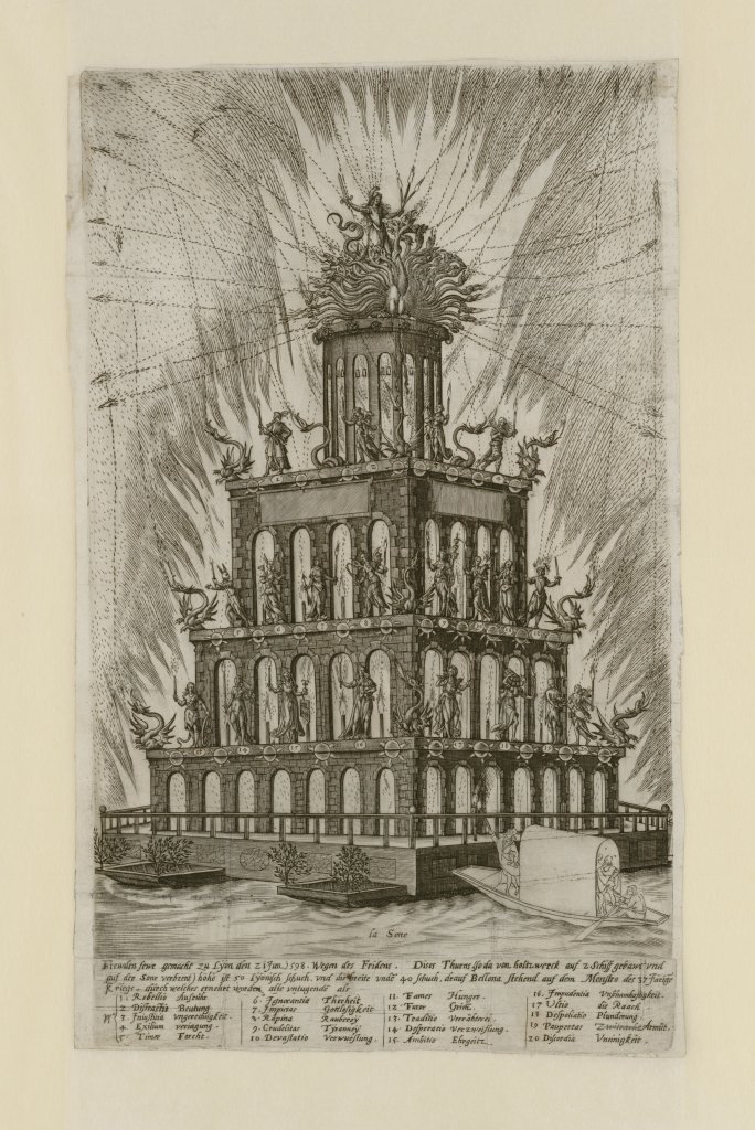Anonym, Mírový ohňostroj v Lyonu, 1598, mědirytina, Germanisches Nationalmuseum, Nürnberg