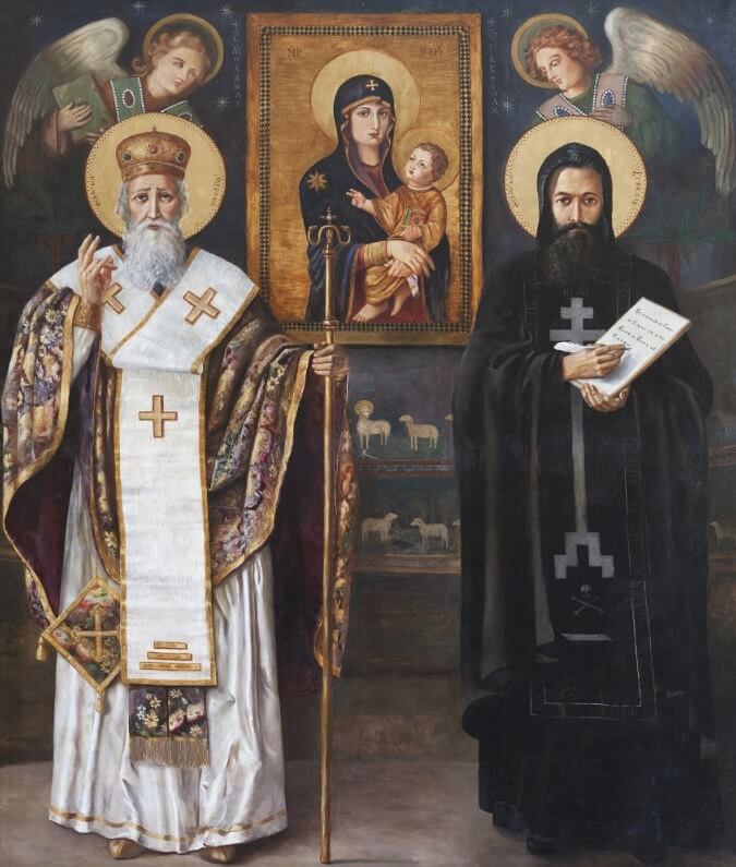 Anna R. Thořová, Sv. Cyril a Metoděj Anna R. Thořová, Sv. Cyril a Metoděj, 1928 (?), olej, plátno, 165x120 cm, Velehrad, bazilika Nanebevzetí Panny Marie a sv. Cyrila a Metoděje