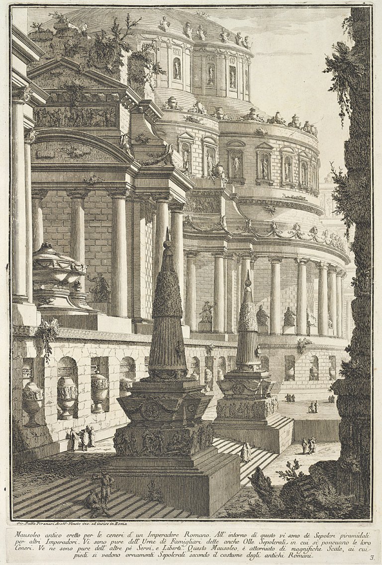 Giovanni Battista Piranesi, Ancient Mausoleum, 1743 Giovanni Battista Piranesi, Ancient Mausoleum, 1743, etching, 356 x 254 mm, 3rd sheet from the album Prima Parte di Architetture e Prospettive (First part of architectures and perspectives).