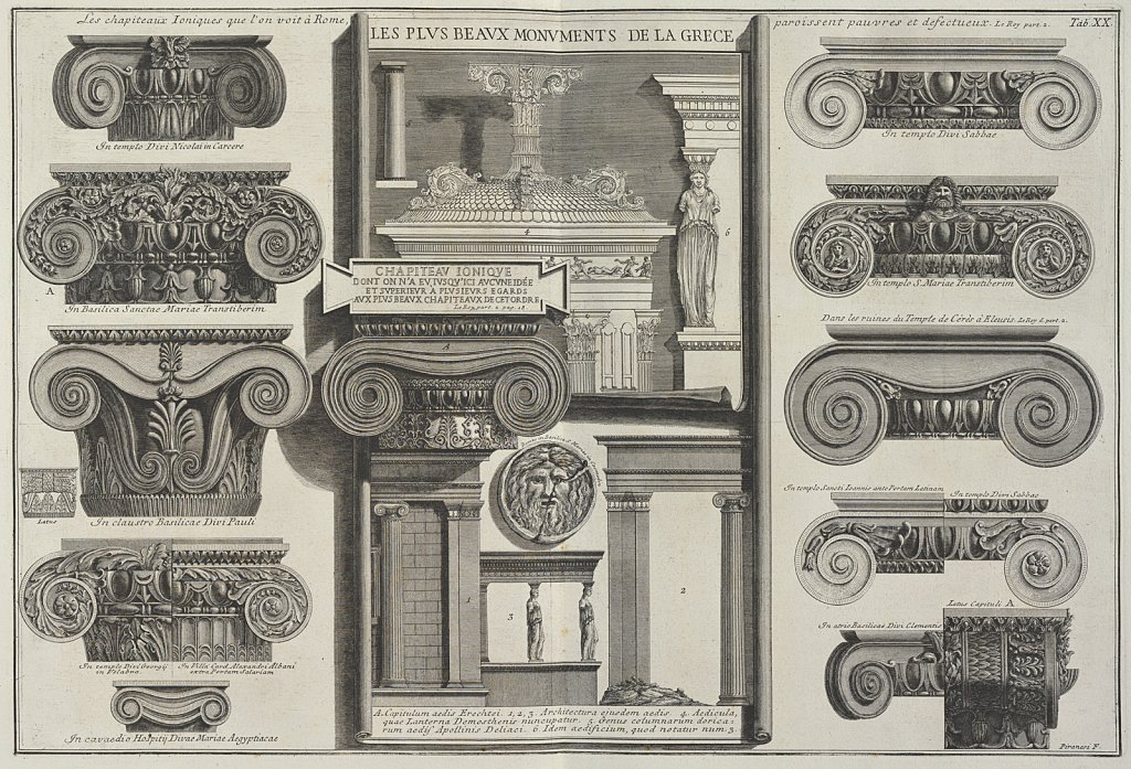 Giovanni Battista Piranesi, Porovnání různých římských iónských hlavic s řeckými převzatými z ilustrací od Le Roye, 1761, lept, 395 x 600 mm, list XX z alba Della Magnificenza ed Architettura de' Romani (O velkoleposti a architektuře Římanů)