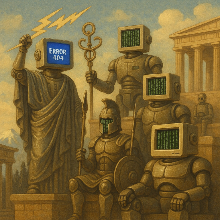 Antičtí bohové jako počítače a roboti (vygenerováno AI)