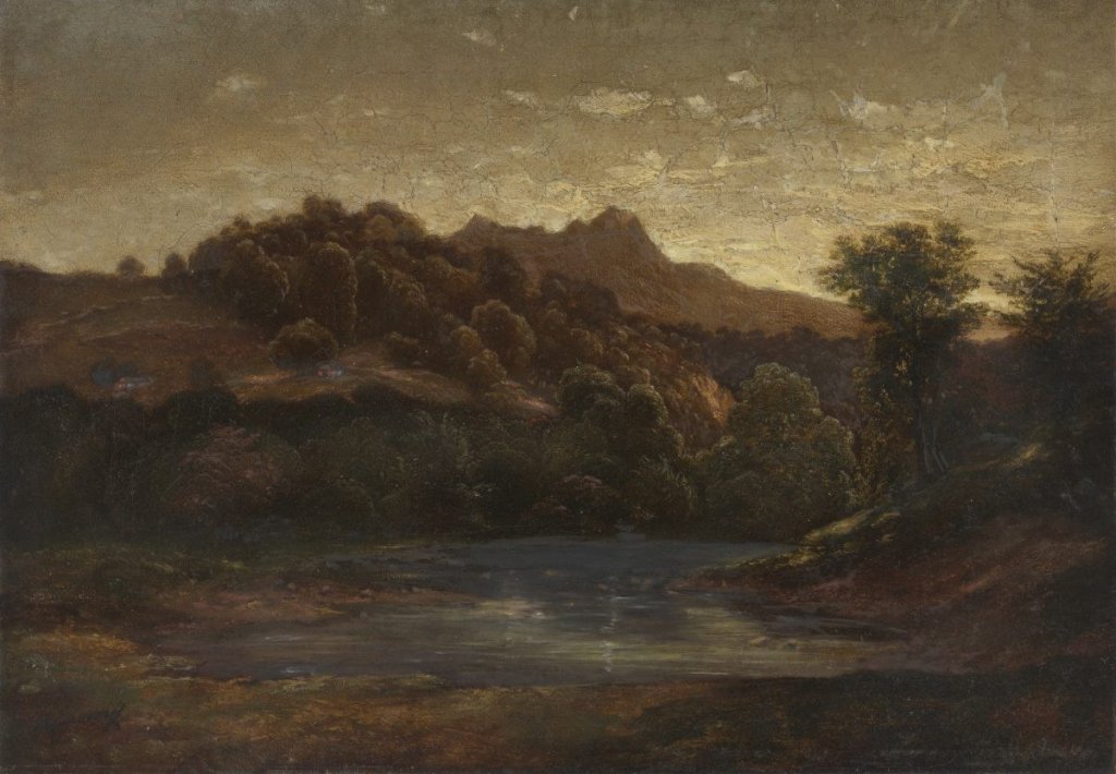 Alexandre Calame, Horská krajina s údolím, 1848 (?). Olej, plátno, 36 × 51 cm, Muzeum umění Olomouc