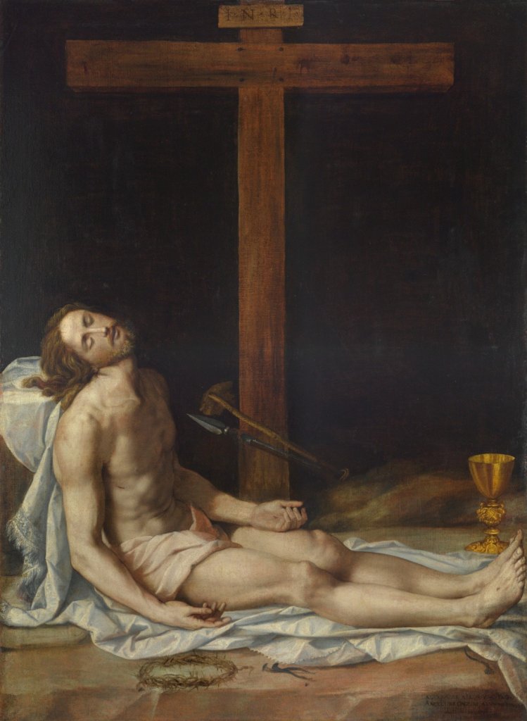 Alessandro Allori, Kristus pod křížem, 1583. Olej, plátno; 163×120 cm, značeno: ALEXANDER ALLORIUS.C.FLO. / ANGELI BRONZINI ALUMN.PINGEB / A.D.M.DLXXXIII, Metropolitní kapitula Olomouc – Arcidiecézní muzeum Olomouc
