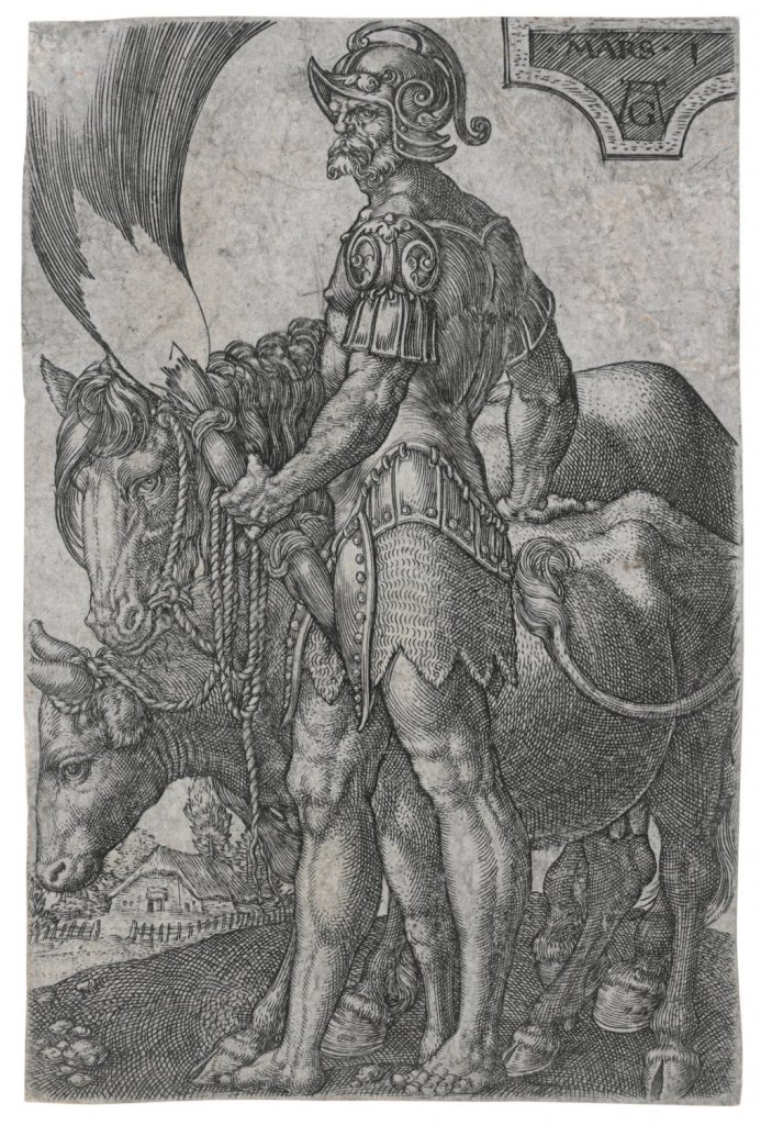 Heinrich Aldegrever, Mars, z cyklu Bohové, kteří vládnou nad sedmi planetami, 1533. Mědiryt, papír; 97×63 mm, 219×142 mm, značeno vpravo nahoře: MARS I, AG, Muzeum umění Olomouc