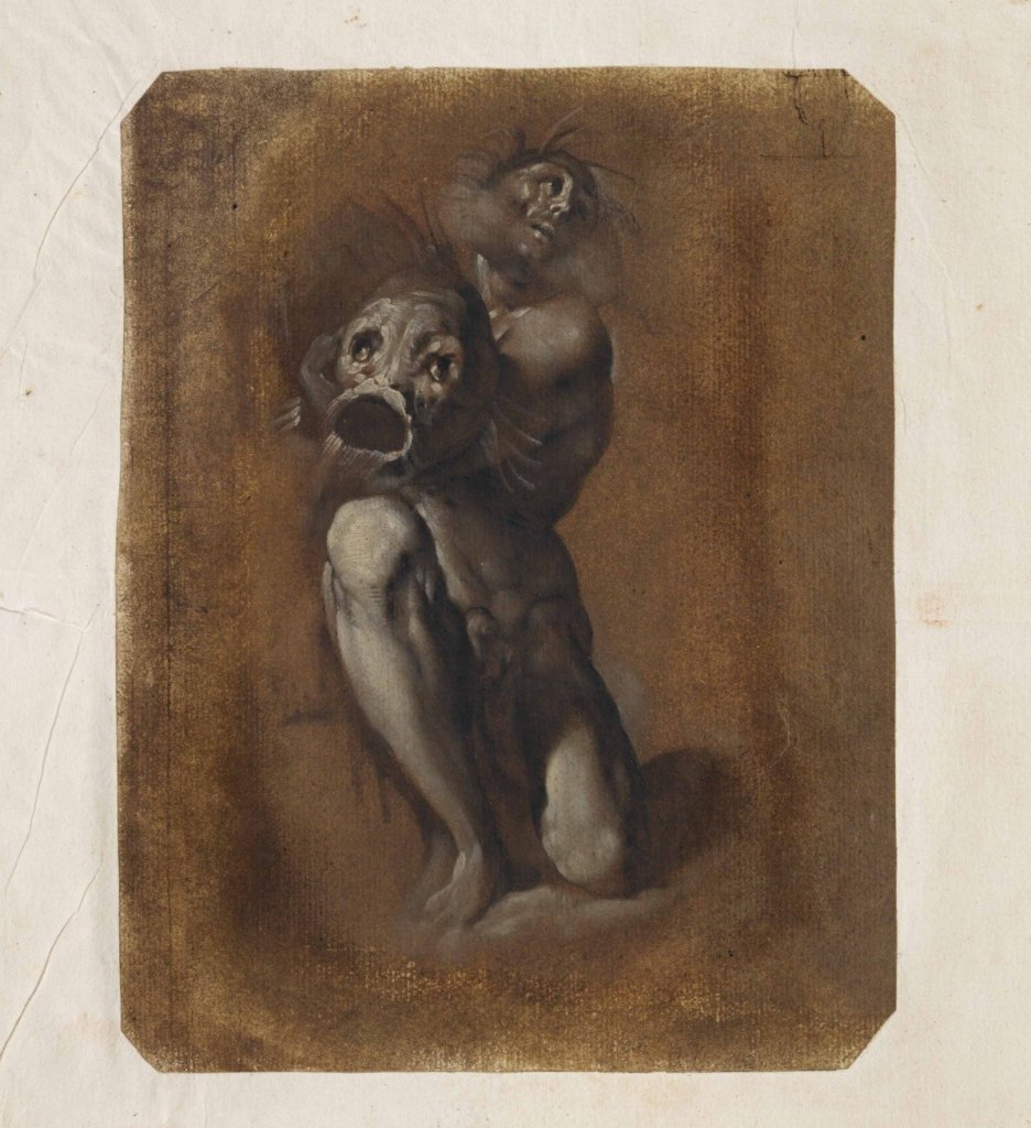 Giovanni Battista Crespi, zv. Il Cerano, Muž s rybou (Alegorie řeky), přelom 16. a 17. století. Kresba štětcem, temperou v převažujícím hnědavém odstínu, vysvětlovaná bělobou na hnědě tónovaném papíře; 227×176 mm, Arcibiskupství olomoucké – Arcidiecézní muzeum Kroměříž