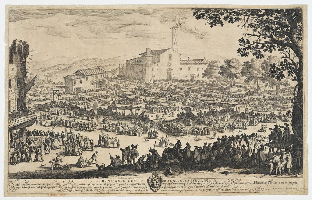 Jacques Callot, Slavnost v Imprunetě, 1621-1623. Lept, papír; 415×665 mm, 432×685 mm, Muzeum umění Olomouc