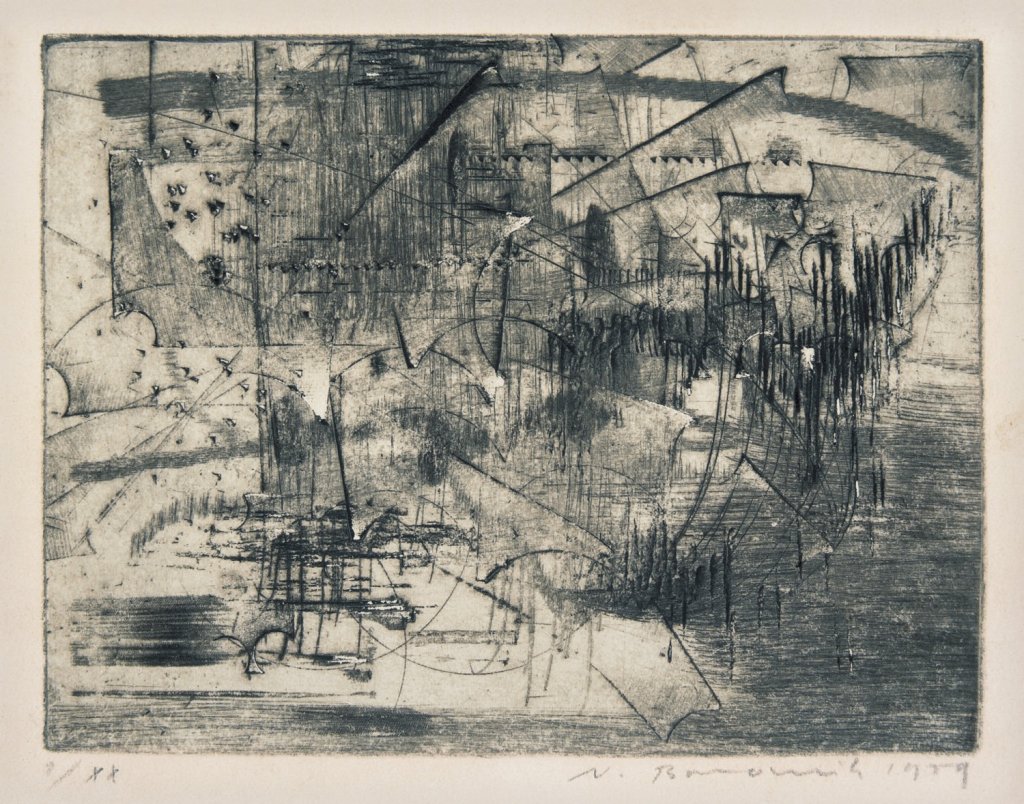 Vladimír Boudník, Stopy materiálu, 1959, aktivní grafika, papír, 105 mm×137 mm; 136 mm×165 mm, Muzeum umění Olomouc