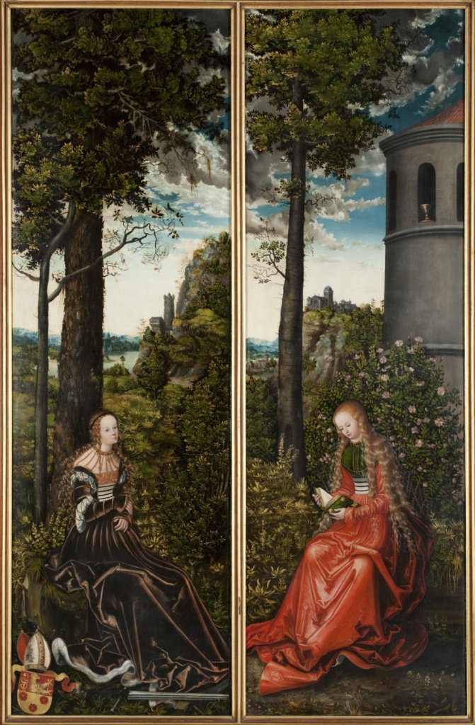 Lucas Cranach st. a dílna, Sv. Kateřina a sv. Barbora, kolem 1515. Tempera, dřevo; 197×62 cm, Arcibiskupství olomoucké – Arcidiecézní muzeum Kroměříž