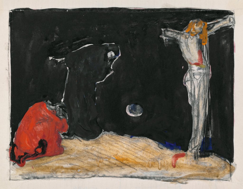 August Brömse, Ukřižování, 1900. Kvaš, pastel, akvarel, tužka, papír; 143×191 mm, Muzeum umění Olomouc