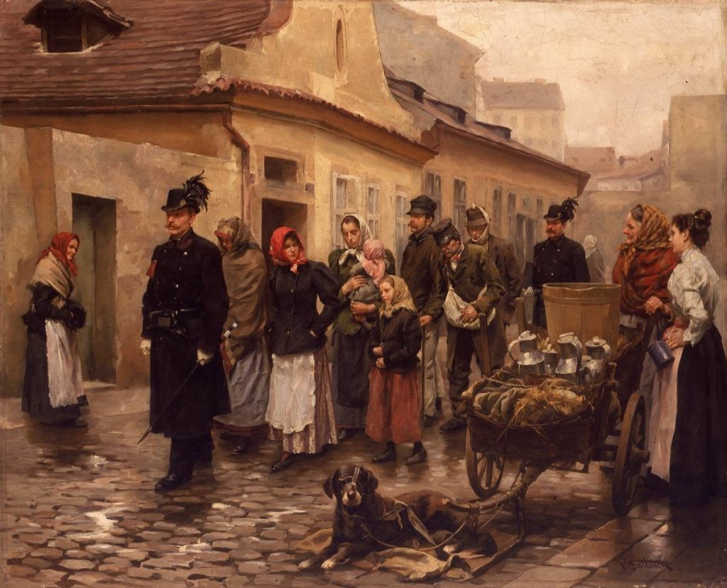 Vojtěch Bartoněk, Kořist obchůzky (Ráno v ulici), 1902, olej, plátno, 64 × 79 cm. Muzeum umění Olomouc