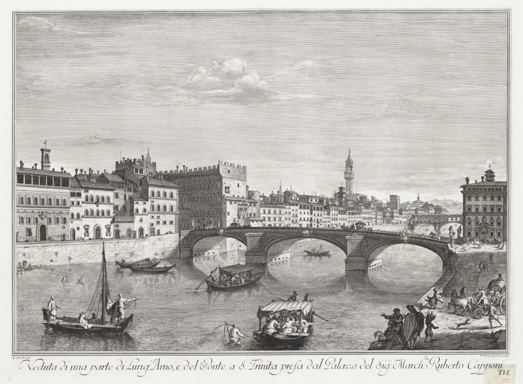 Vincenz Franceschini podle Giuseppe Zocchiho, Pohled na část nábřeží Arna a most Santa Trinita, 1744, mědiryt s leptem, z alba: Scelta di XXIV vedute delle principali contrade, piazze, chiese, e palazzi della citta di Firenze. Firenze 1744. Arcibiskupství olomoucké