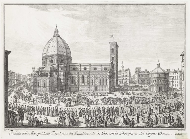 Giuseppe Zocchi a Bernardo Sgrilli, Pohled na florentský dóm s průvodem v den svátku Božího Těla, 1744, mědiryt s leptem, z alba: Scelta di XXIV vedute delle principali contrade, piazze, chiese, e palazzi della citta di Firenze. Firenze 1744. Arcibiskupství olomoucké