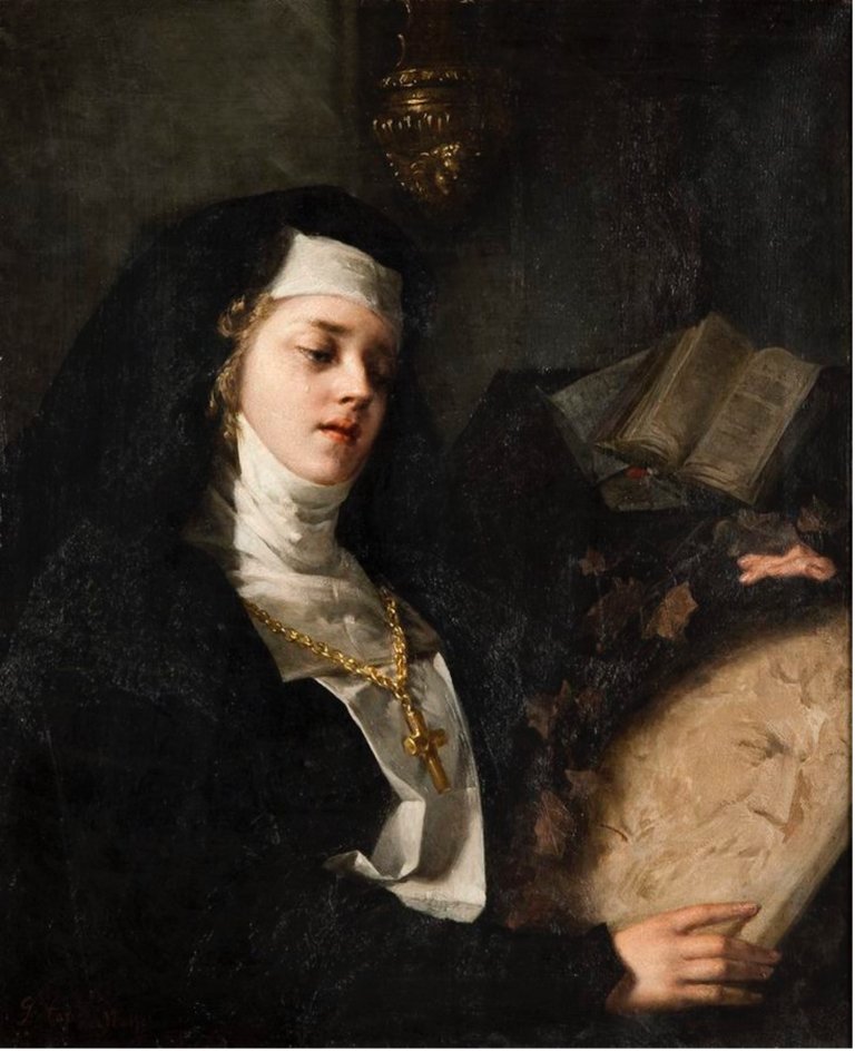 Gabriel Max (1840–1915), Jeptiška, kolem 1880, olej na plátně, 73,5 × 60 cm. Sbírka Patrika Šimona