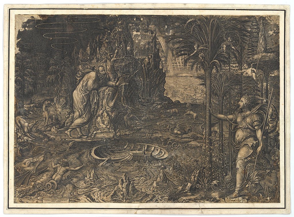 Giorgio Ghisi, zv. Mantovano, Alegorie života (Sen Rafaelův), 1561, podle Raffaela Santiho (1483 Urbino – 1520 Řím) a Lucy Penniho (1500/04 Florencie – 1557 Paříž). Mědiryt, papír, 380×540 mm, 429× x 588 mm, 2. stav, značeno vlevo dole: RAPHAEL VRBINVS INVENTVM.  / PHILIPVS DATVS ANIMI GRATIA  / [FIERI IVSSIT], vlevo dole: TV NE CEDE MALIS: SED / COTRA AVDENTIORITO / [SEDET AETERNUM QUE SEDEBIT IN FOELIX - GEORGIVS GHVISI /MAT F. 1561], získáno 1969, Muzeum umění olomouc