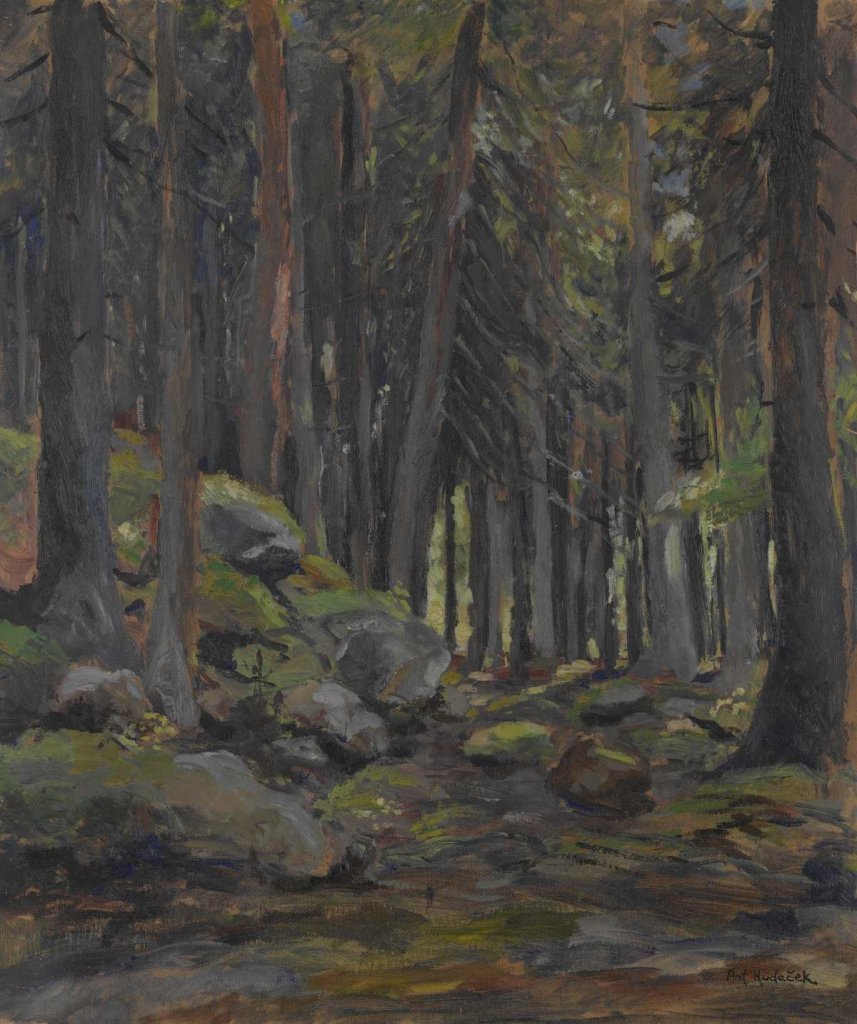 Antonín Hudeček, Lesní interiér, kolem 1900, olej, lepenka; 54,5 x 46 cm. Značeno vpravo dole: Ant. Hudeček. Obraz byl darován Muzeu umění Olomouc Jiřím Emlerem v roce 2005. Muzeum umění Olomouc