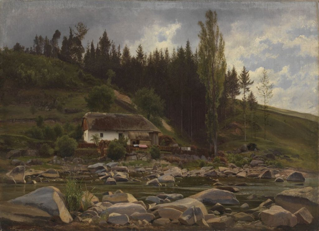 Bedřich Havránek, Chalupa pod kopcem, 3. čtvrtina 19. století, olej, plátno, 38 × 52,5 cm. Značeno vlevo dole: Hawranek. Na napínacím rámu papírový štítek s modrým okrajem a tištěným textem: …ava pohledů / na český kraj // a připsáno (perem): č. 107 Dr. Havránek / Praha III č. 260 //, další papírový štítek s logem NG v Praze: Autor: B. Havránek / Název díla: Chalupa na Sázavě (kol. 1843). Muzeum umění Olomouc
