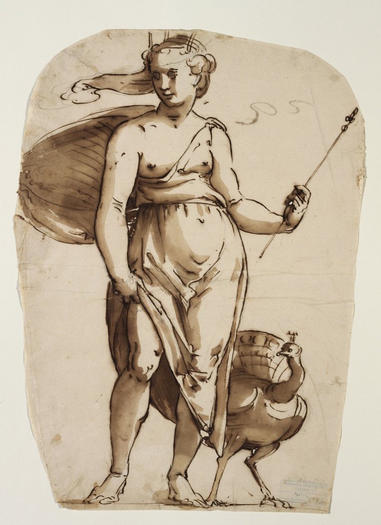Nicola Granello, Bohyně Juno s pávem, 1584–1585, pero v tmavohnědém tónu, hnědě lavírované na bílém papíře; 434×315 mm, Arcibiskupství olomoucké – Arcidiecézní muzeum Kroměříž