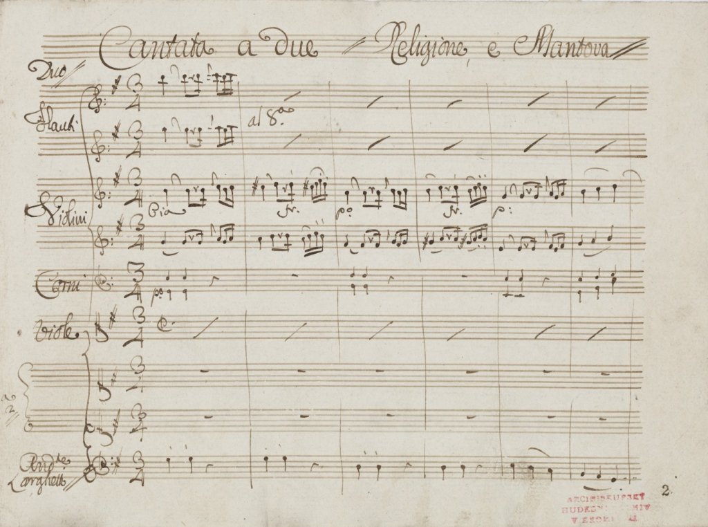 Luigi Gatti, Cantata a Due Voci, 1778, rukopis, papír, 220 × 305 mm, získáno 1778, Arcibiskupství olomoucké – Arcidiecézní muzeum Kroměříž