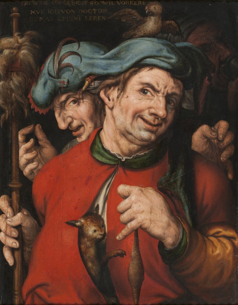 Hans Hoffmann, Dva blázni, kolem 1530, olej, dubové dřevo; 50×38 cm. Arcibiskupství olomoucké – Arcidiecézní muzeum Kroměříž