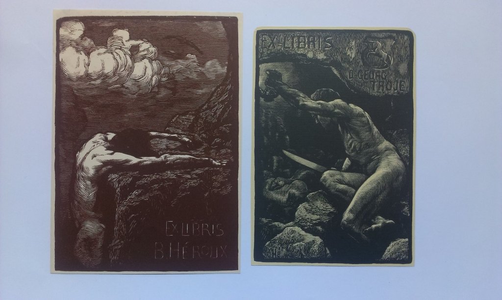 Bruno Héroux, Ex-libris Dr. Georg Troje, 1900-1910, dřevoryt, papír; 151×102 mm, 156×106 mm. Muzeum umění Olomouc