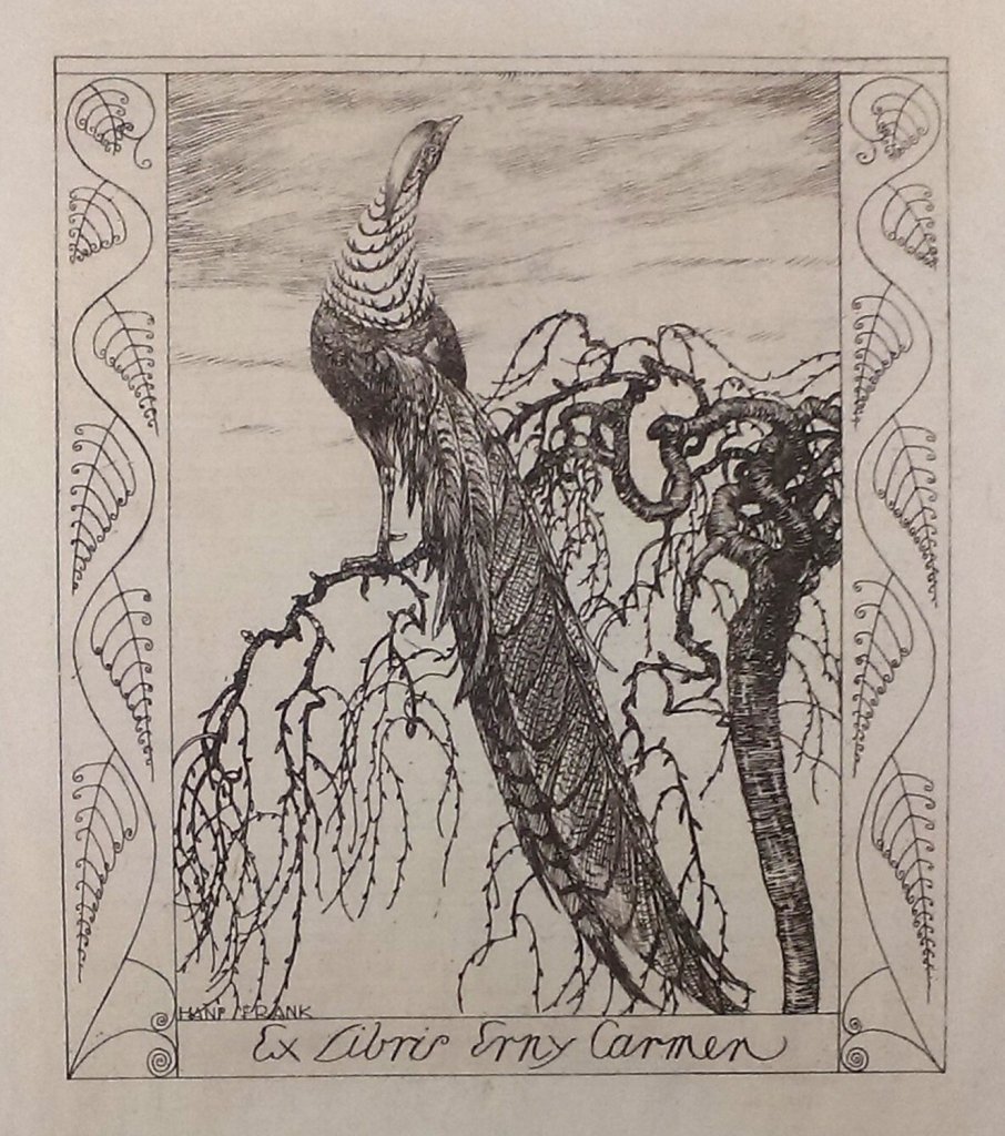 Hans Frank, Ex libris Erny Carmen, 1922, lept, papír, 161×115 mm, 163×118 mm, 192× 155 mm, Muzeum umění Olomouc