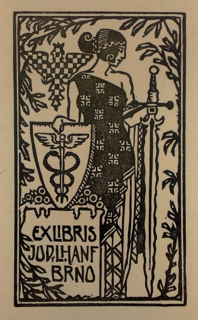 Vítězslav Fleissig, Ex libris JUDr. L. Hauf Brno, 1916, linoryt, papír, 113×66 mm, 130×80 mm, Muzeum umění Olomouc