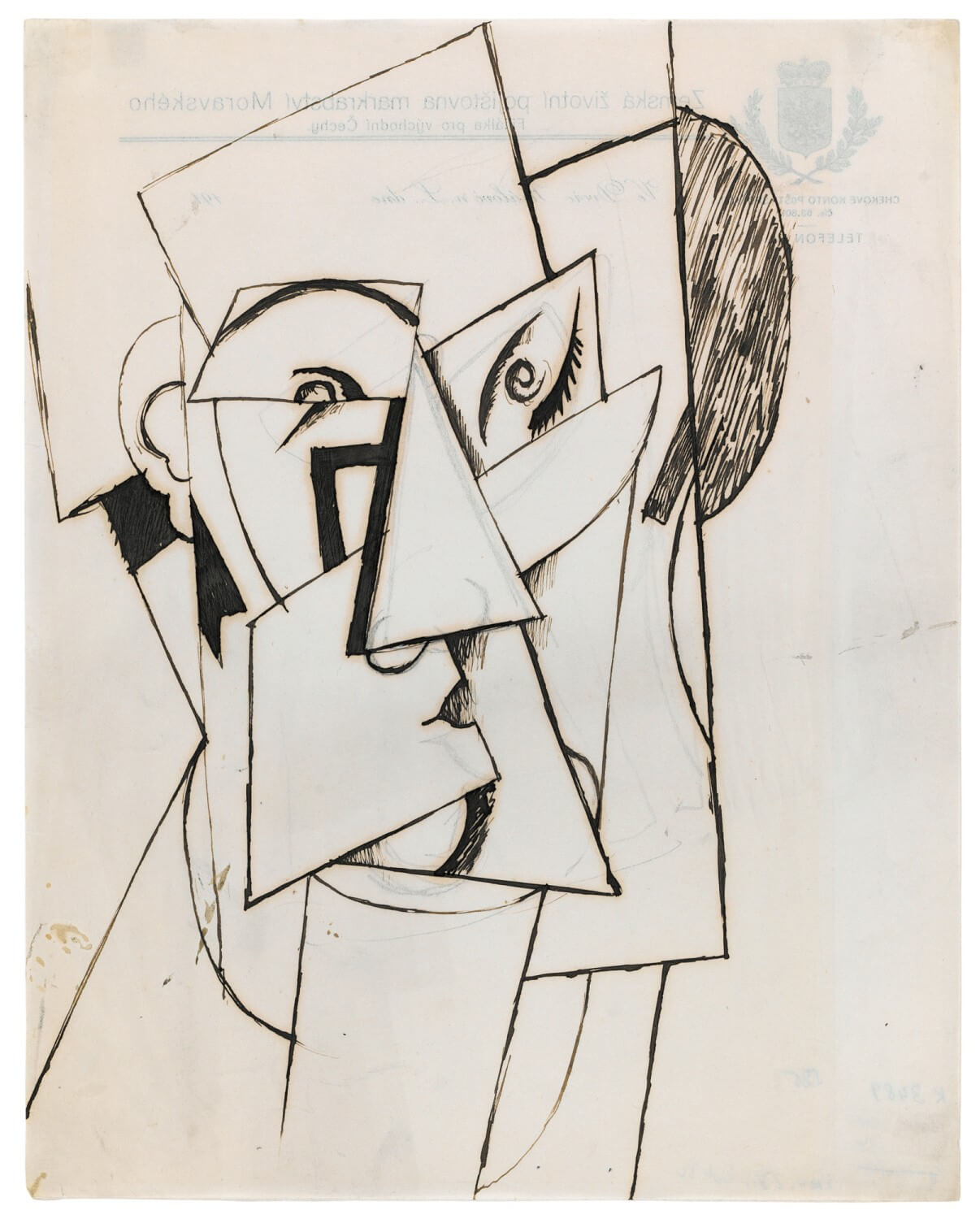 Otto Gutfreund, Hlava (Tvář), (1913 – 1914) inkoust, pero, tužka, papír; 287×227 mm, Muzeum umění Olomouc