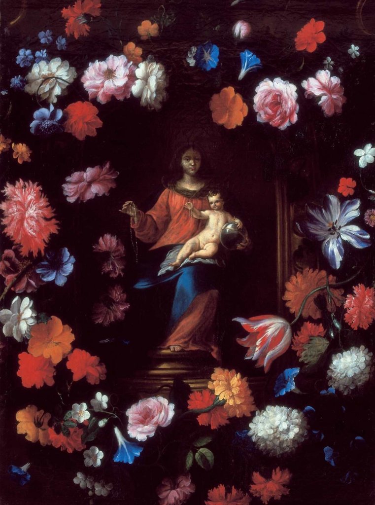 Jan I. van den Hecke, Růžencová Madona v květinovém věnci, kolem 1671, olej, plátno; 88,5 x 65,5 cm. Původní rozměry plátna byly větší, na každé straně bylo ubráno cca 10-15 cm. Na zadní straně nového plátna nápis - přenesená signatura: van der Hecke F, původní sig¬natura byla nedávno nalezena na zadní straně starého plátna. Arcibiskupství olomoucké