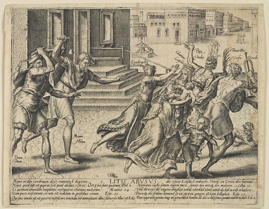 Hedndrick Goltzius, Každému co jeho jest, (1597), z cyklu Zneužití práva, mědiryt, papír, 184×230 mm, 192×243 mm, Muzeum umění Olomouc