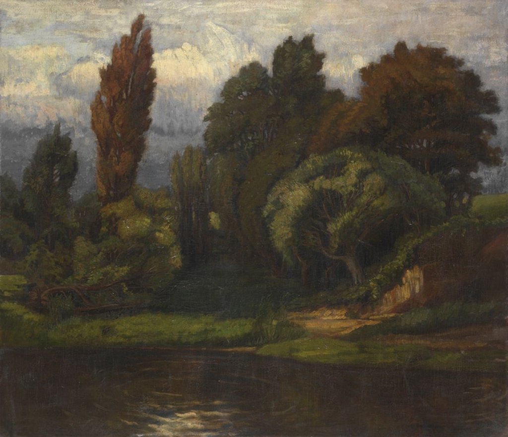 Lilli Gödlová-Brandhuberová, Podvečerní nálada, 1904, ölej, plátno, 130 × 151 cm. Značeno a datováno vlevo dole: Lily B. München 1904. Na zadní straně plátna nápis (štětcem): ITERUM RENOVAVIT / F. G. ŠUBERT / 1964 PRAGA.//. Muzeum umění Olomouc