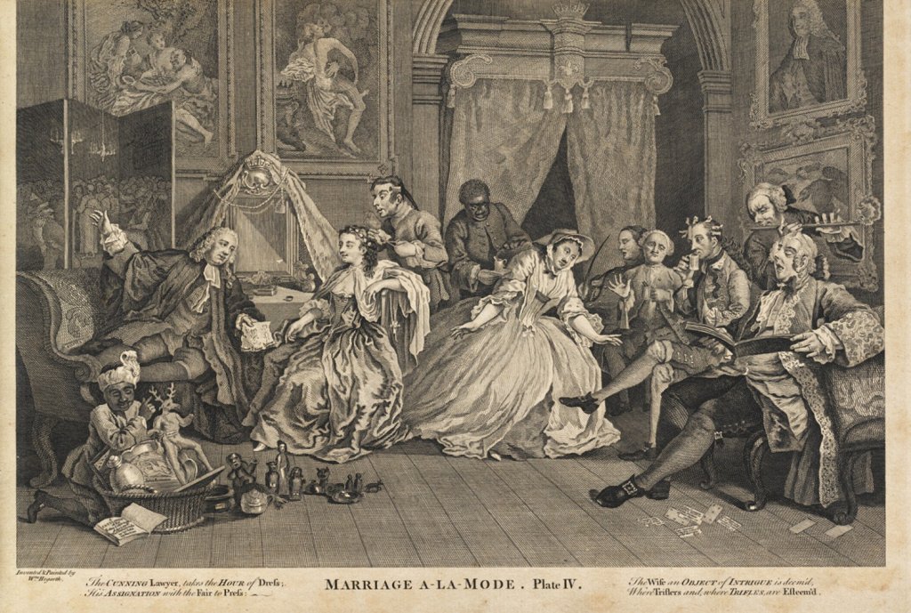 William Hogarth, Marriage à la Mode, 1745, papír, vazba: polokožená; 260 × 380 mm. Arcibiskupství olomoucké – Arcidiecézní muzeum Kroměříž