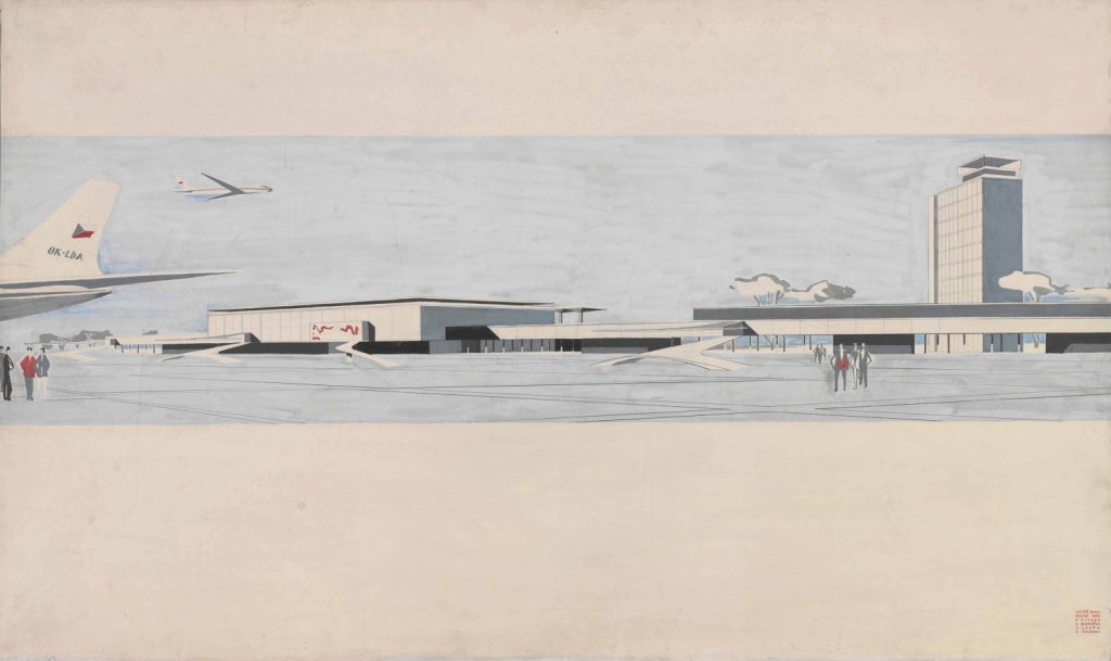 Karel Filsak, Mezinárodní letiště Praha-Ruzyně, 1959, kvaš, papír nalepený na napínací rám, 680×1140 mm, MUO
