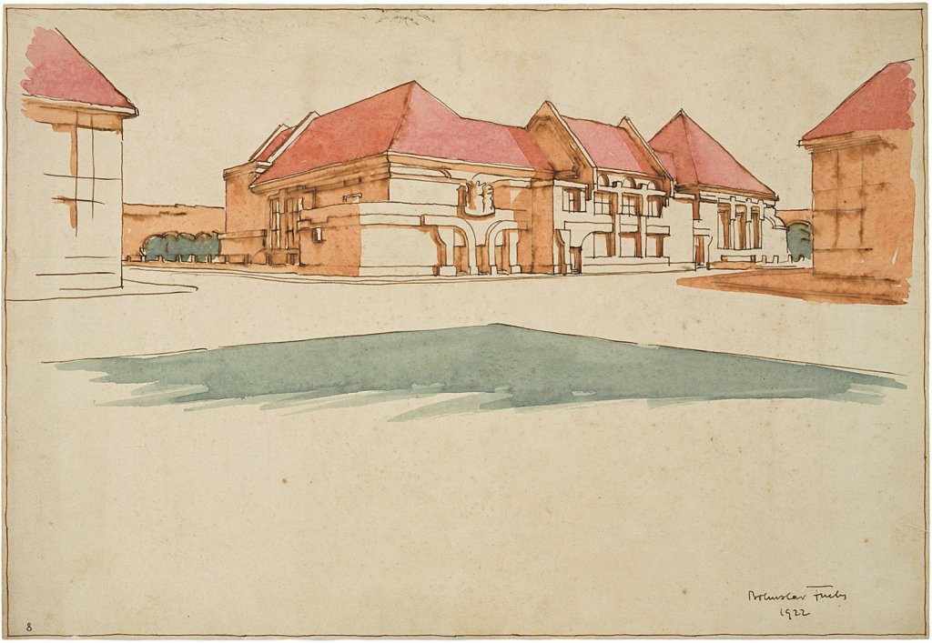 Bohuslav Fuchs, Náčrt Sokolského domu pro Bystřici pod Hostýnem, 1922, papír, kresba tuší, akvarel, 55×70 cm, Muzeum umění Olomouc