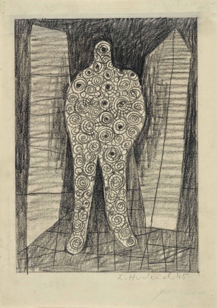 František Hudeček, Noční chodec, 1945, tužka, papír; 306×213 mm. Muzeum umění Olomouc