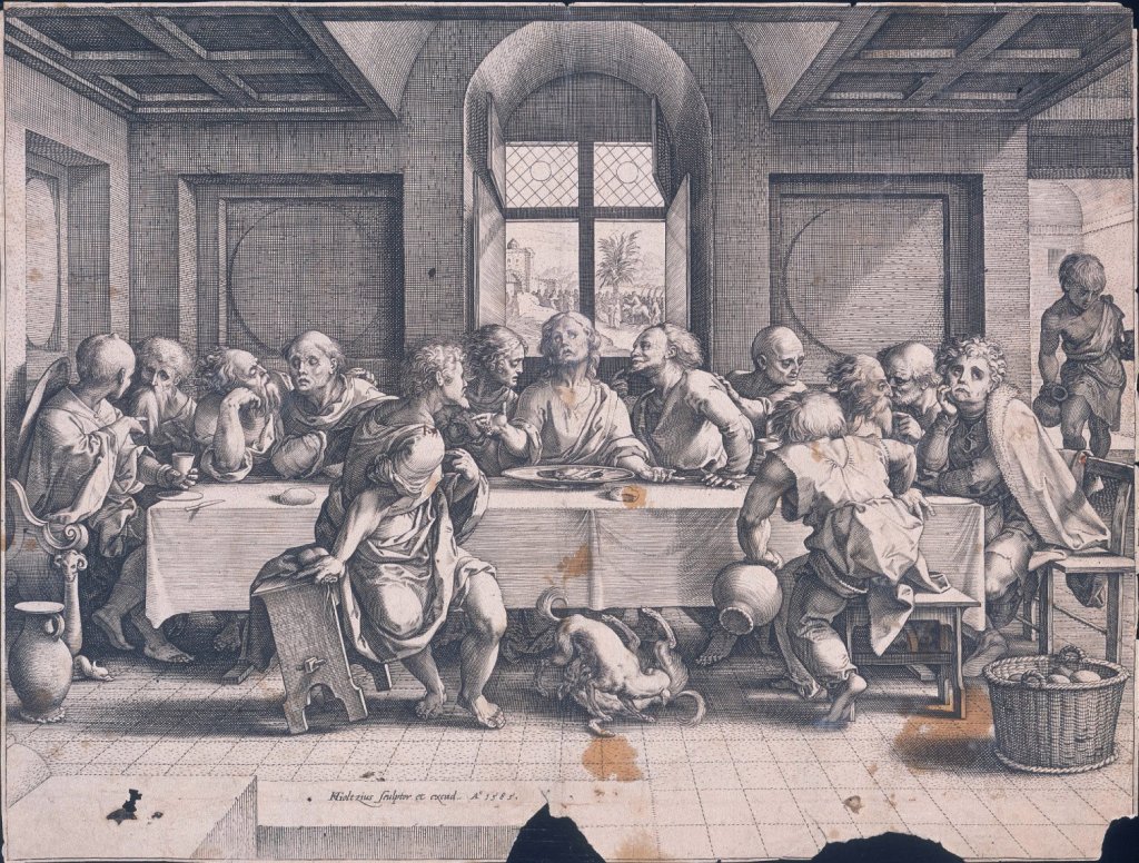 Hedndrick Goltzius, Poslední večeře, 1585, podle Pietera Coecka d´Alost (1502 Alost – 1550 Brusel). Mědiryt, papír; 274×365 mm, značeno dole v obraze: HGoltzius sculptor et excud. A 1585, Muzeum umění Olomouc