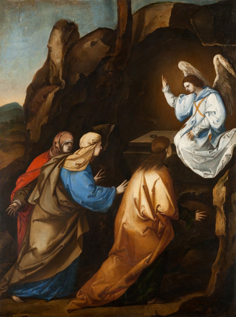 Luca Giordano, Tři Marie u Kristova hrobu, kolem 1653, olej, dřevo; 65.5×42 cm, Arcibiskupství olomoucké – Arcidiecézní muzeum Kroměříž
