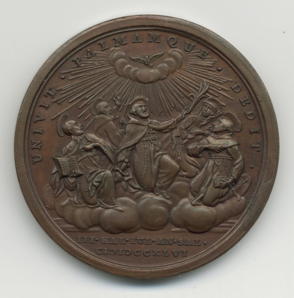 Ottone Hamerani, Medaile papeže Benedikta XIV. ke kanonizaci čtyř světců (revers), 1745, bronz; 31.798 g, průměr 40 mm, získáno před rokem 1904. Arcibiskupství olomoucké – Arcidiecézní muzeum Kroměříž