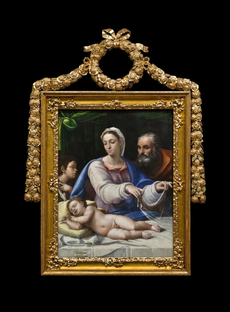 Sebastiano Luciani zv. del Piombo, Madona s rouškou, (kolem 1520), olej, topolové dřevo, získáno 1673. Arcibiskupství olomoucké – Arcidiecézní muzeum Olomouc